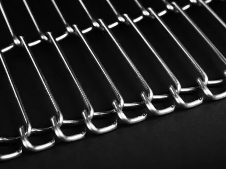 Horizontal photo of a wire mesh conveyor belt